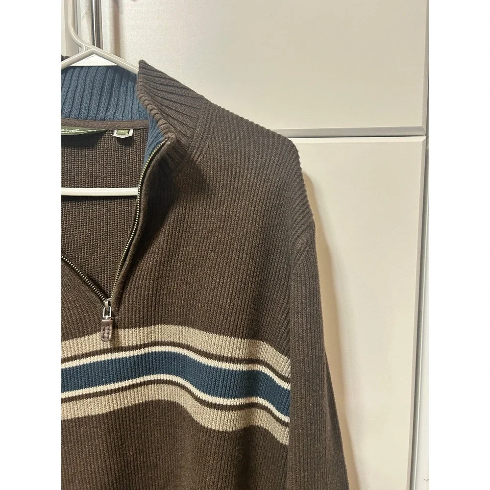 Eddie Bauer Mens XL Brown Striped Quarter Zip Ribbed Knit‎ Pullover Sweater